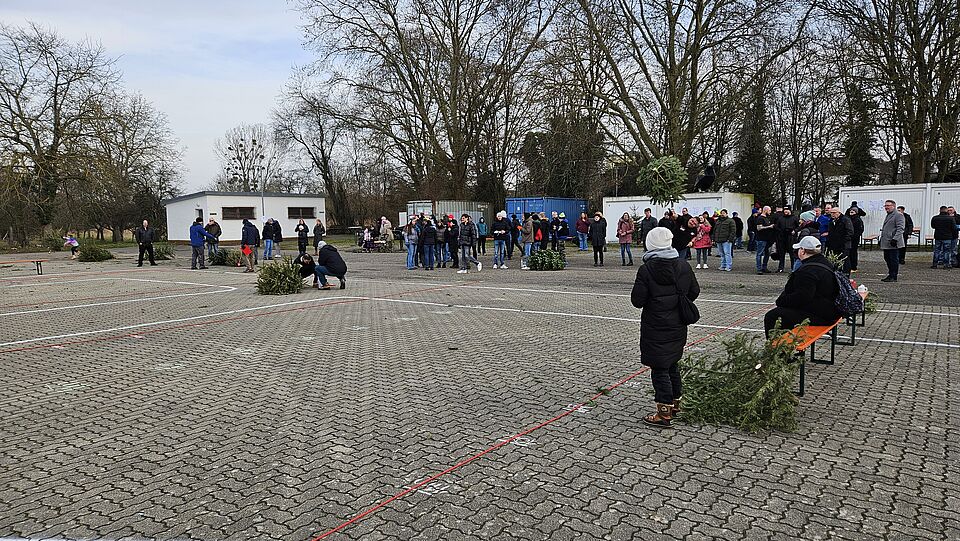 Mitglieder des DRK Eggenstein-Leopoldshafen versuchen, einen Tannenbaum so weit wie möglich zu werfen.